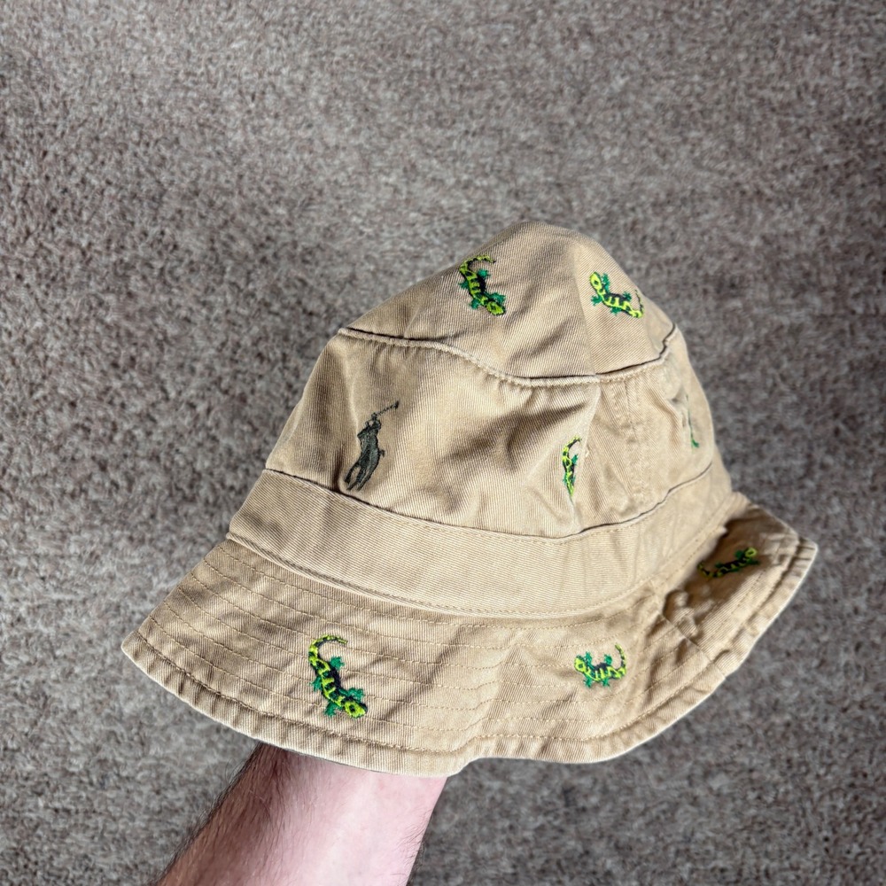 Polo Ralph Lauren Mens Khaki Tan Embroidered Lizard Bucket Hat L/XL